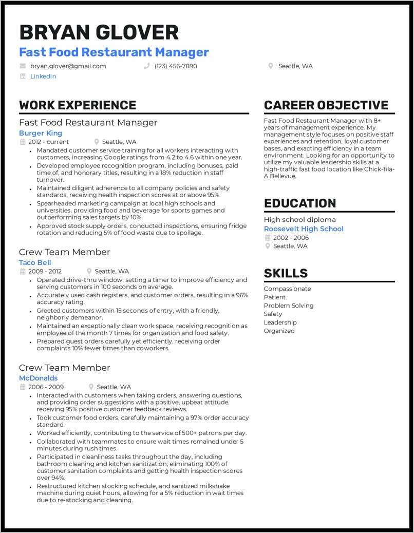 Resume Job Experience Fast Food Team Lead - Resume Example Gallery