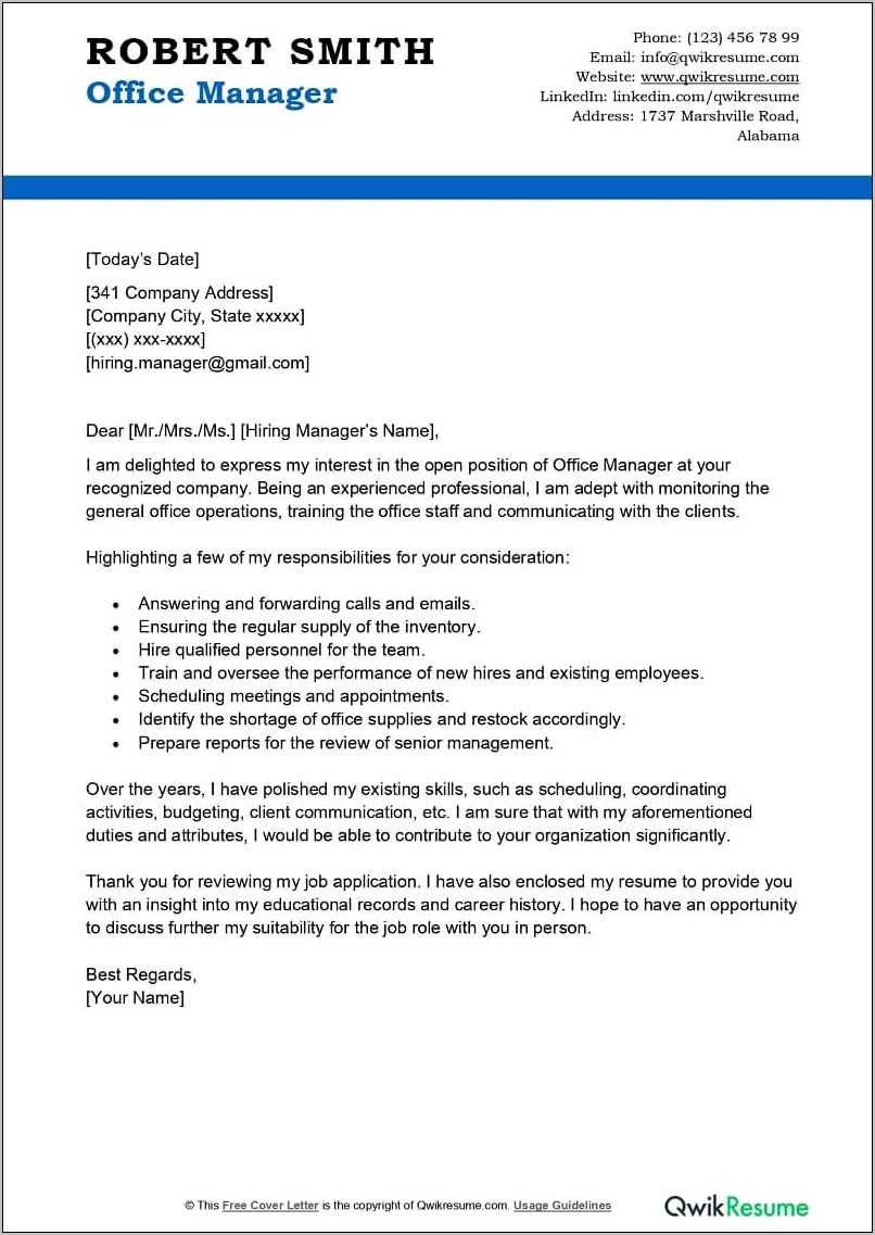 Resume Letter Sample For Office Manager - Resume Example Gallery