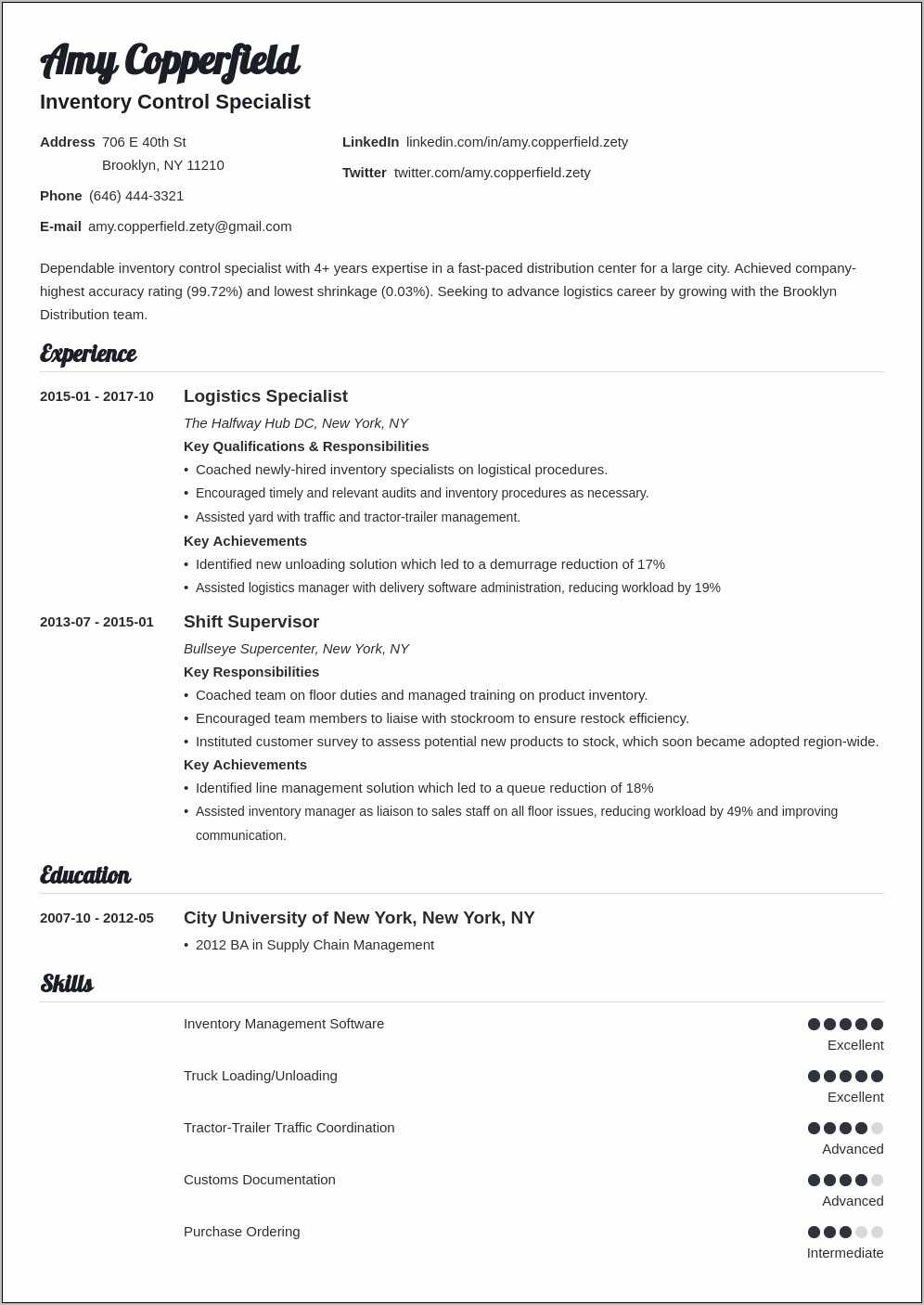 Resume Objective Examples For Inventory Control - Resume Example Gallery