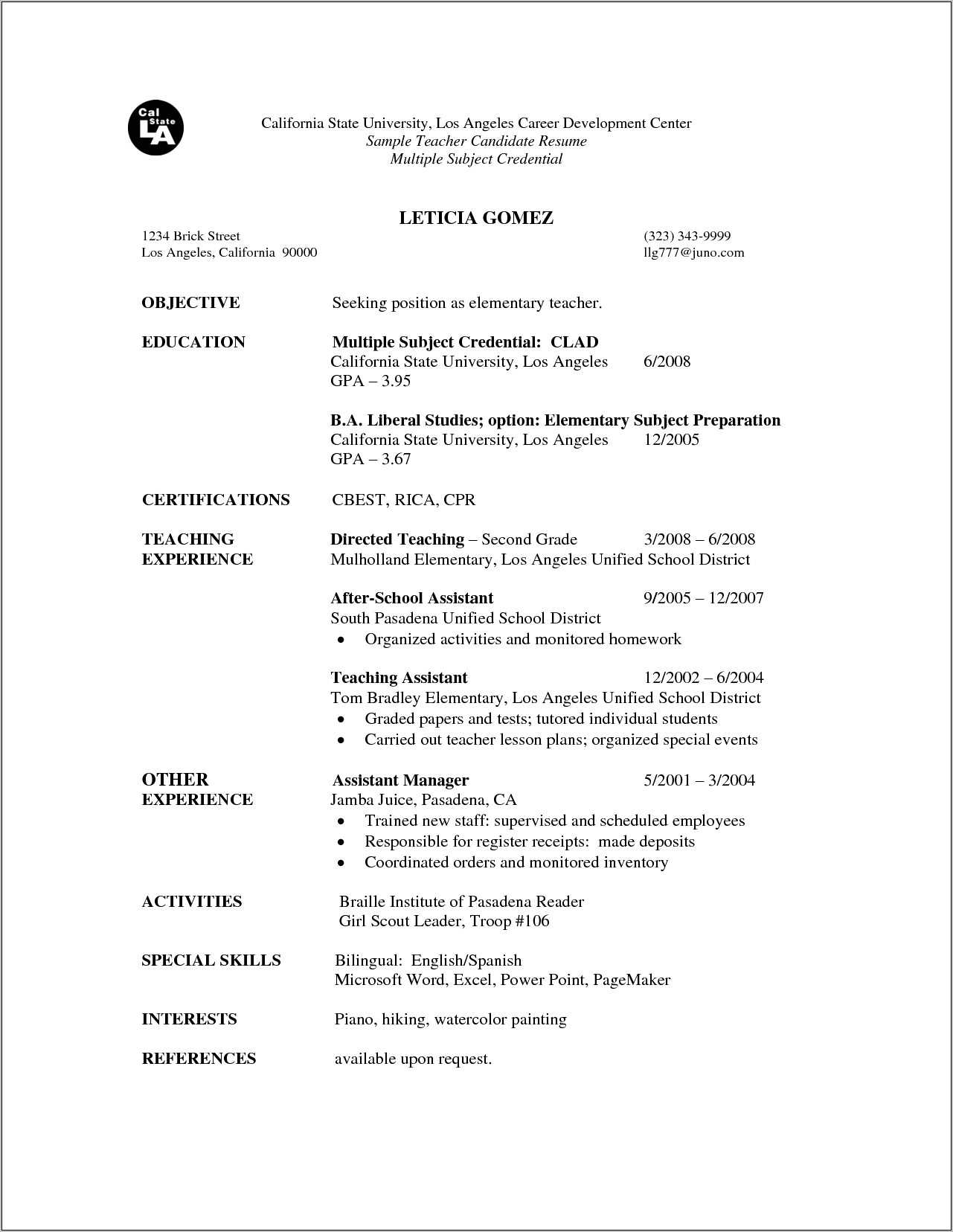 Resume Objective Examples For Special Education - Resume Example Gallery