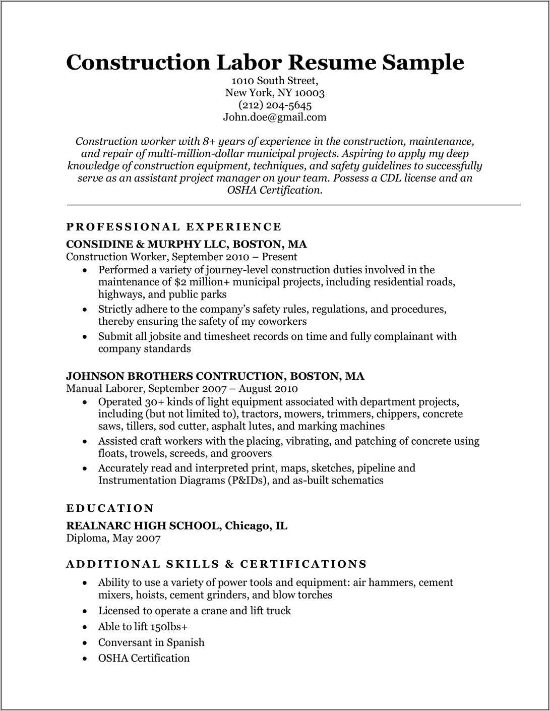 Resume Objective Statement For General Labor - Resume Example Gallery