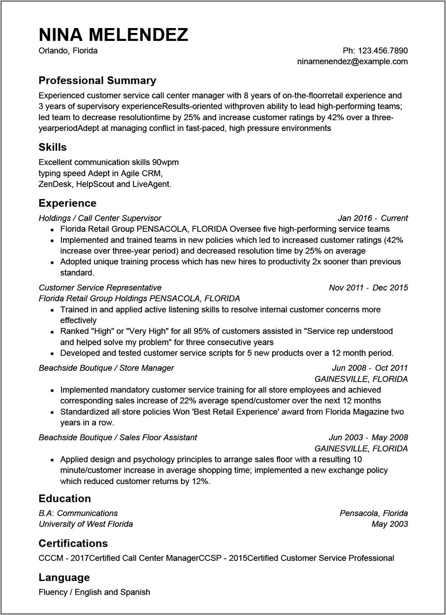 Profile Summary For Call Center