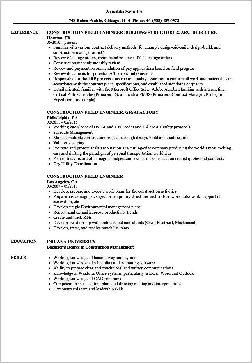 Resume Sample For Construction Field Technician - Resume Example Gallery