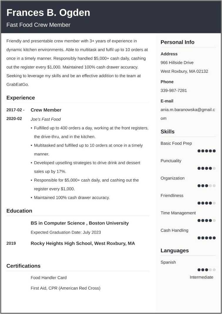 Resume Samples For Cashier Food Service Resume Example Gallery