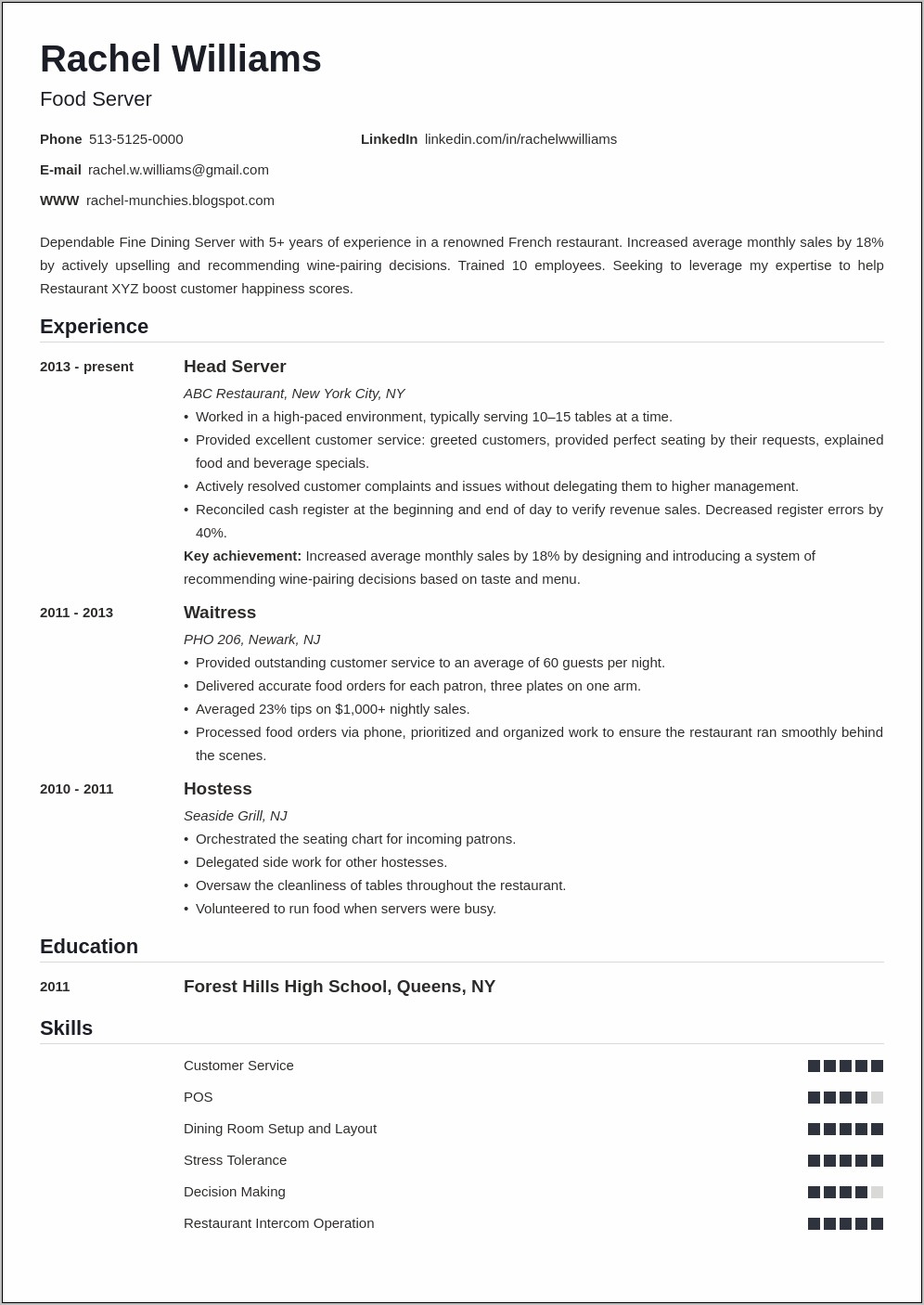 Resume Samples For Servers Fine Dining Resume Example Gallery