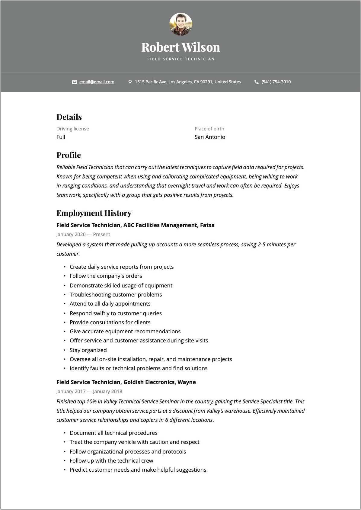 Resume Skills For Field Service Technician - Resume Example Gallery