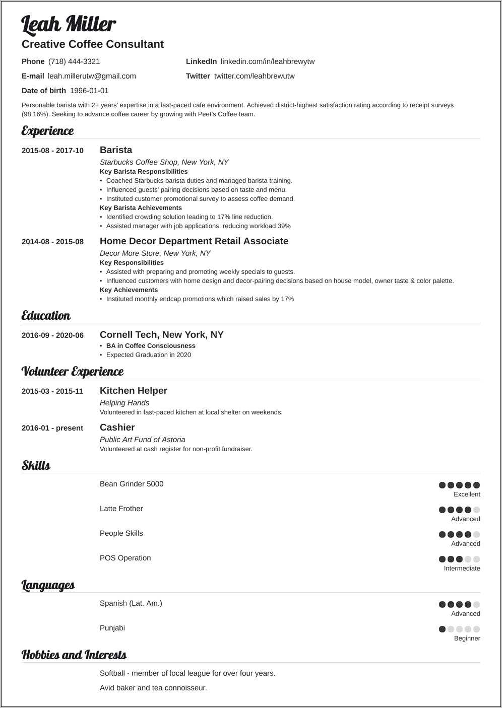 Resume Statement Of Purpose Examples For Baristas - Resume Example Gallery