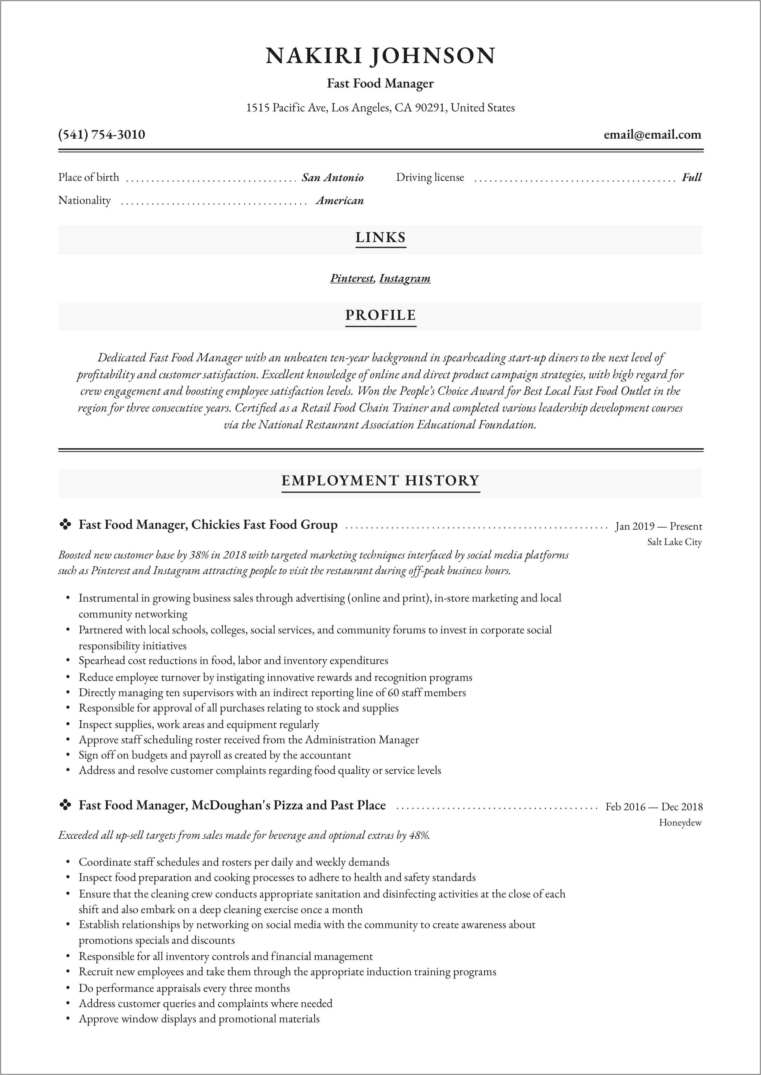 Resume Summary Examples For Fast Food - Resume Example Gallery