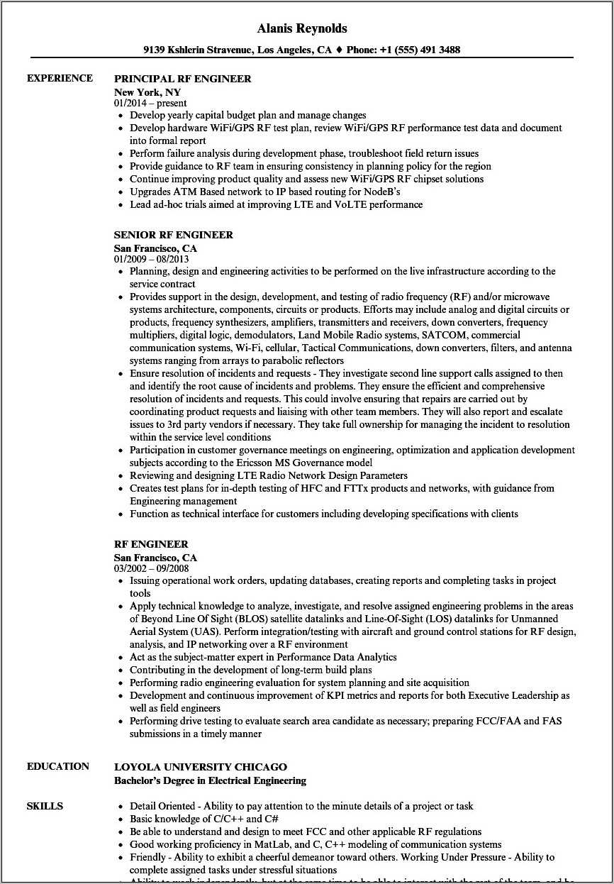 Resume Volte Rf Engineer Example Us - Resume Example Gallery