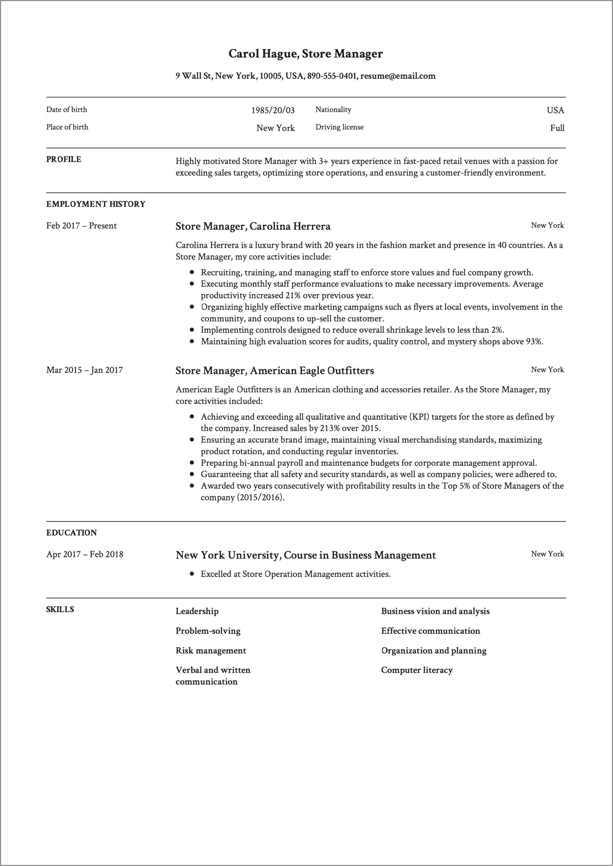 Retail Clothing Store Manager Resume Sample - Resume Example Gallery