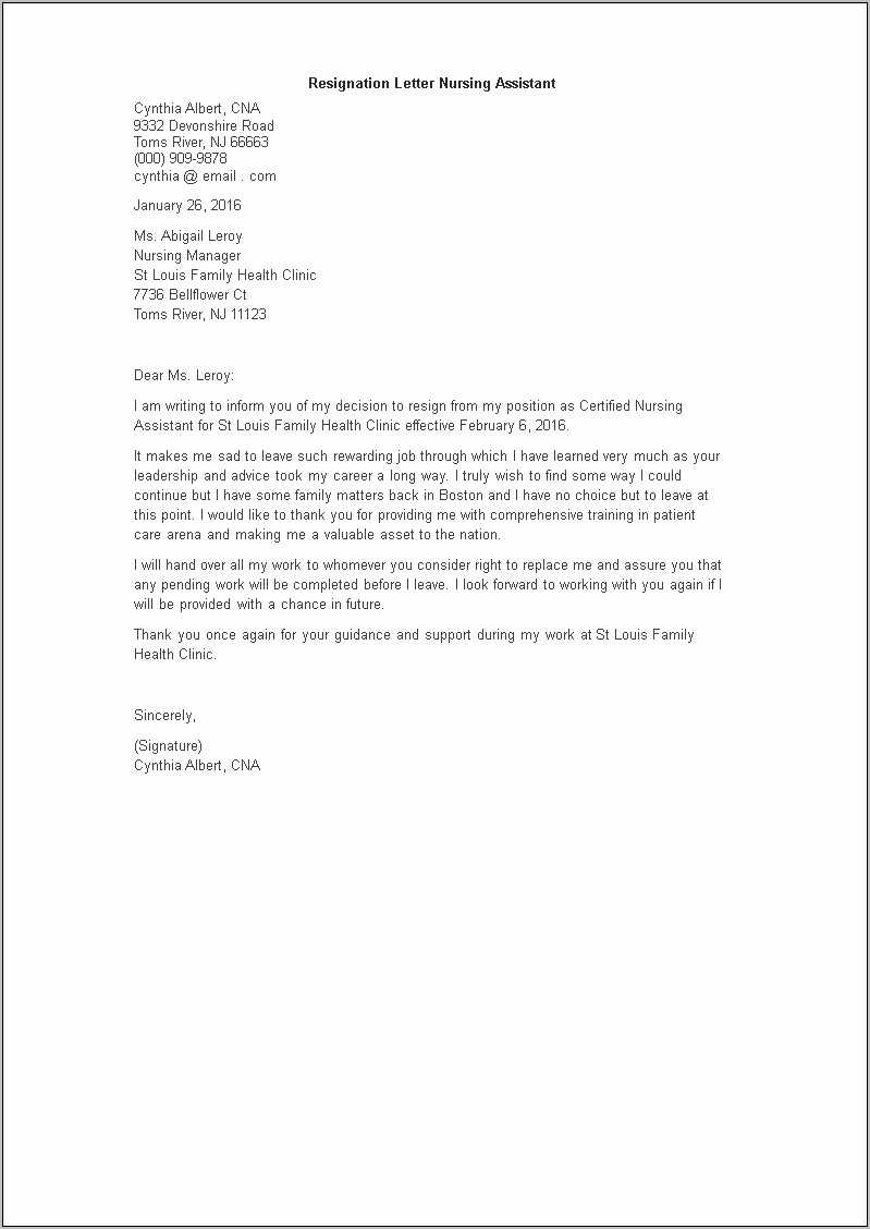 Sample Cna Resignation Lettergreat Sample Resume - Resume Example Gallery