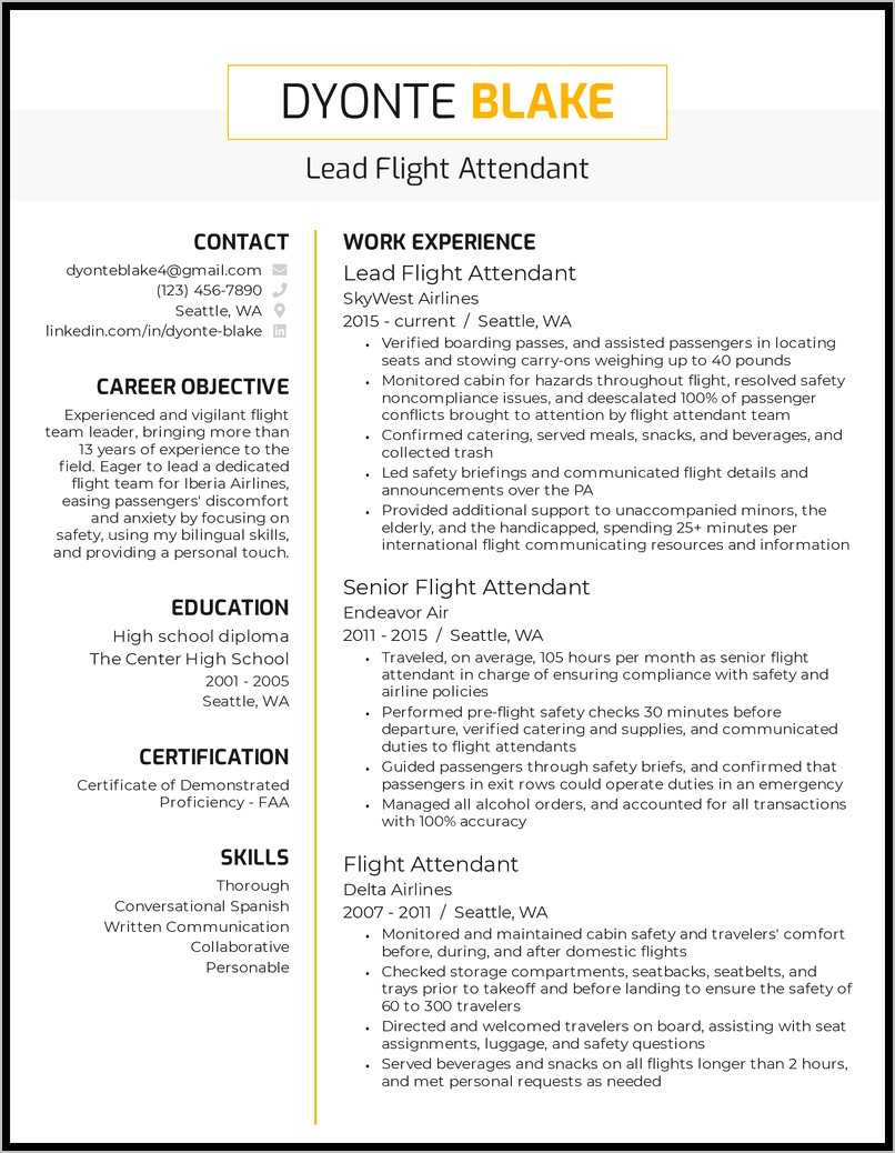 Sample Flight Attendant Resume No Experience - Resume Example Gallery