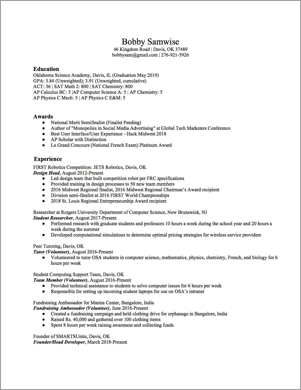 Sample High School Resume For Ivy League - Resume Example Gallery