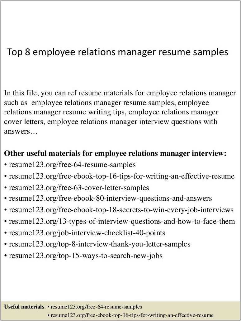 Sample Hr Manager Resume Employee Relations - Resume Example Gallery