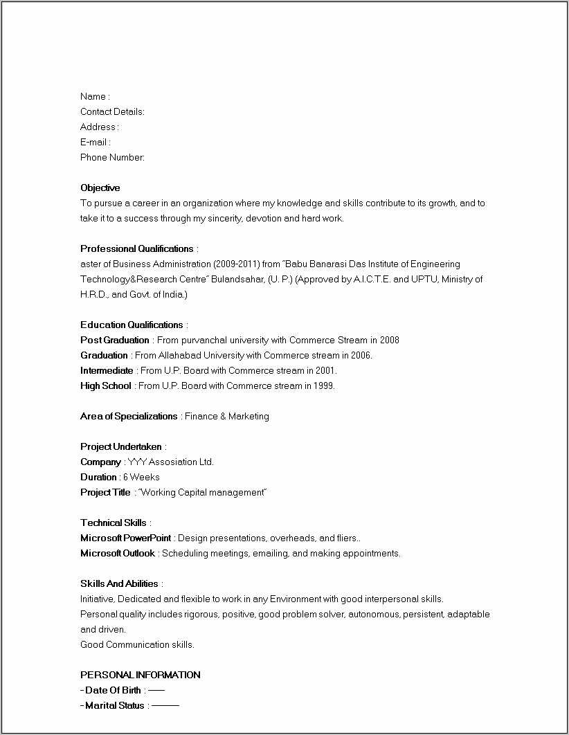 Sample Indian Resume Format For Freshers Resume Example Gallery 6316