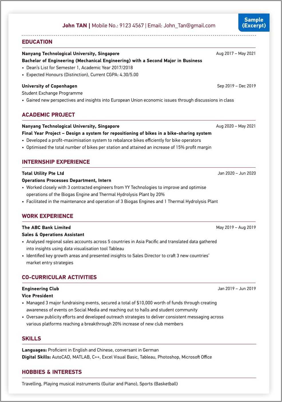 Resume Cover Letter Sample Singapore - Resume Example Gallery