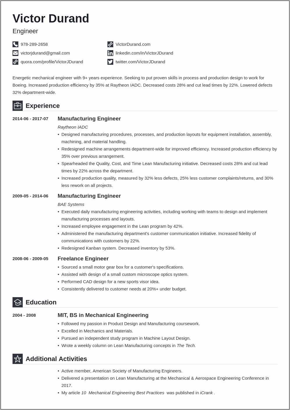 Sample One Page Engineer Resume - Resume Example Gallery