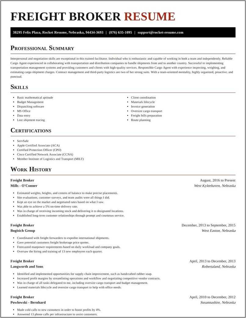 Sample Resume For A Freight Broker Agent - Resume Example Gallery