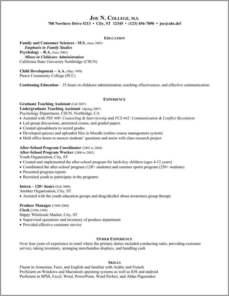 Sample Resume For After School Program Assistant - Resume Example Gallery