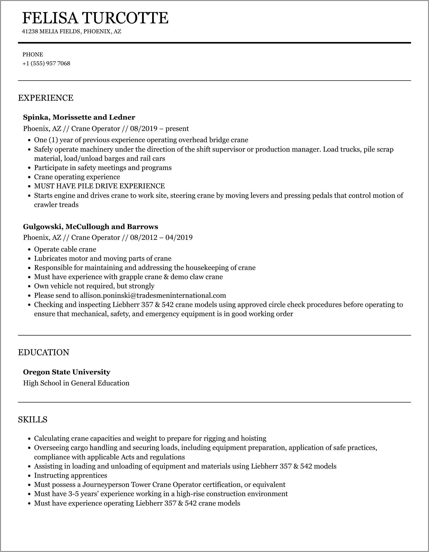 Overhead Crane Operator Resume Samples - Resume Example Gallery