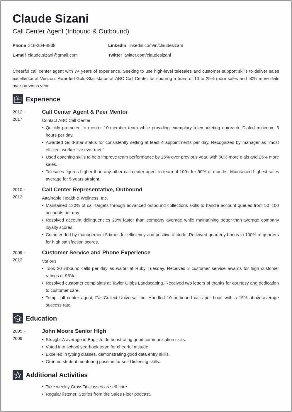 resume for non voice call center agent