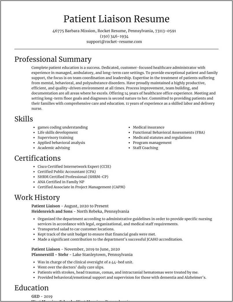 Sample Resume For Hospital Liaison Position - Resume Example Gallery