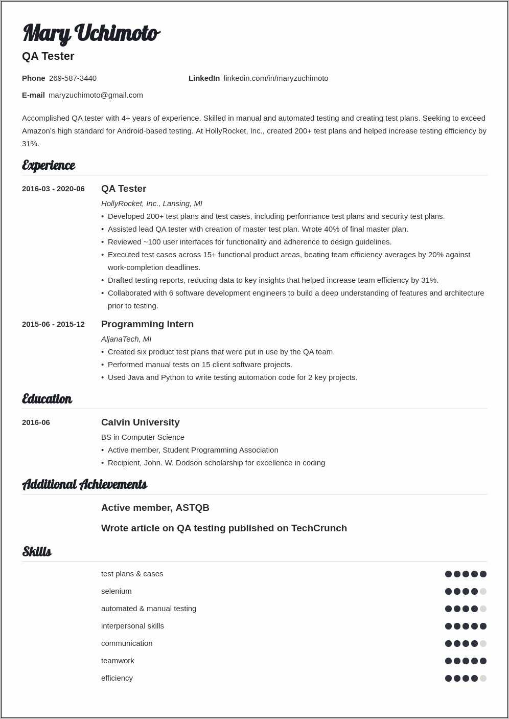 Sample Resume For Testing Profile - Resume Example Gallery