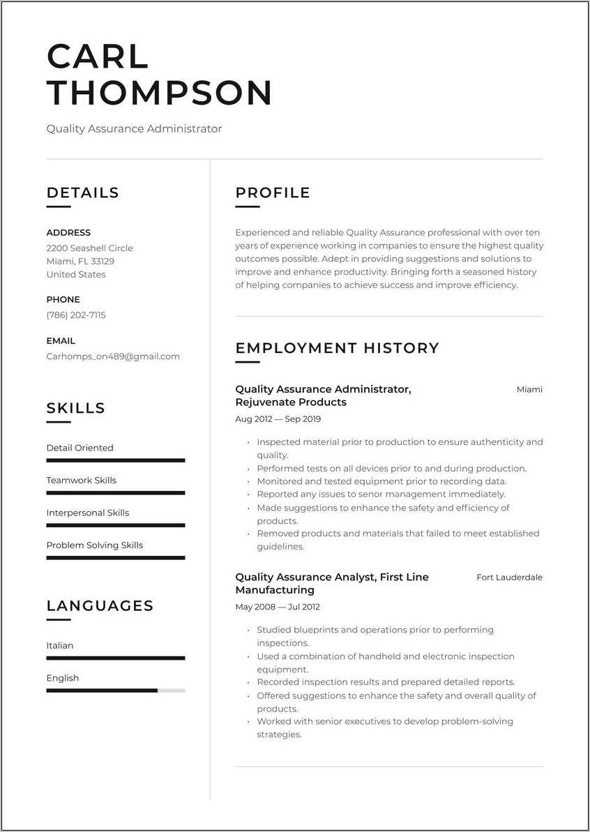 Sample Resume For Quality Control Technician - Resume Example Gallery