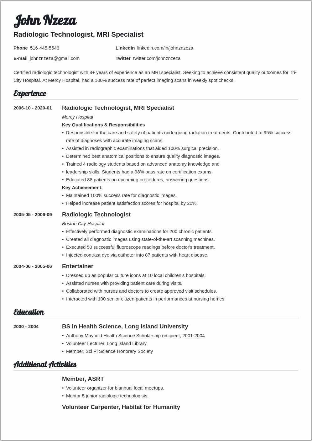 Sample Resume For Radiation Therapist Student - Resume Example Gallery