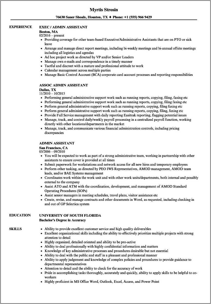 Sample Resume Format For Admin Assistant - Resume Example Gallery