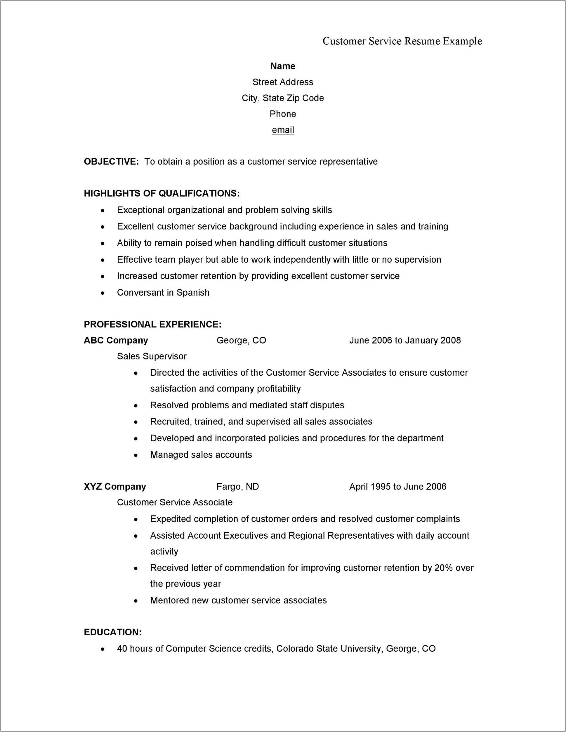 Sample Resume Profile Statement For Customer Service - Resume Example 