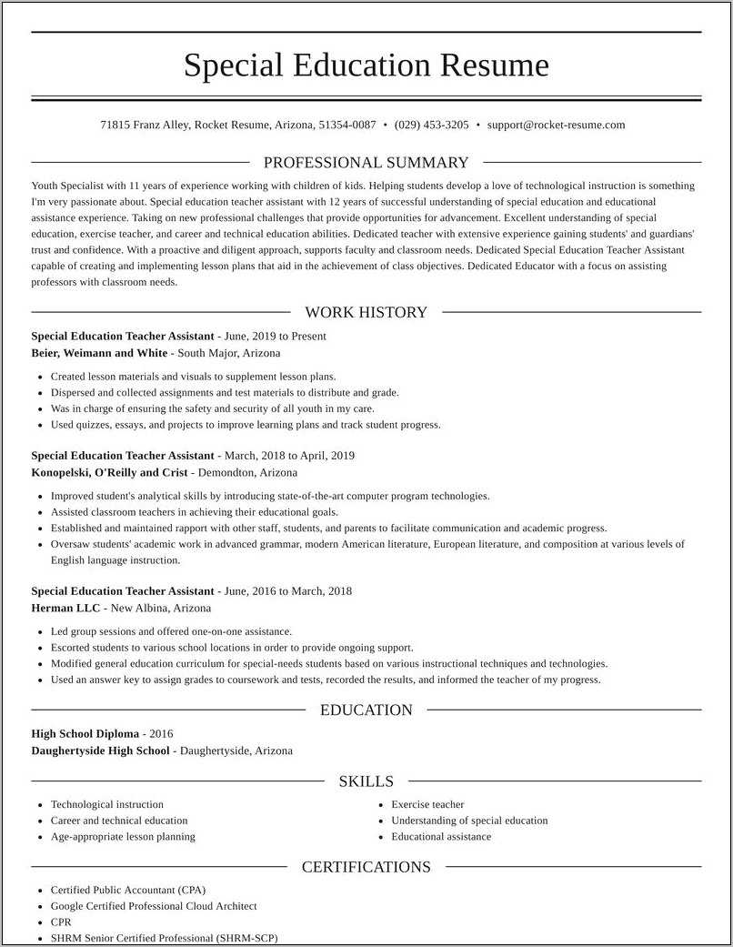 Special Needs Assistant Teacher Resume Sample - Resume Example Gallery