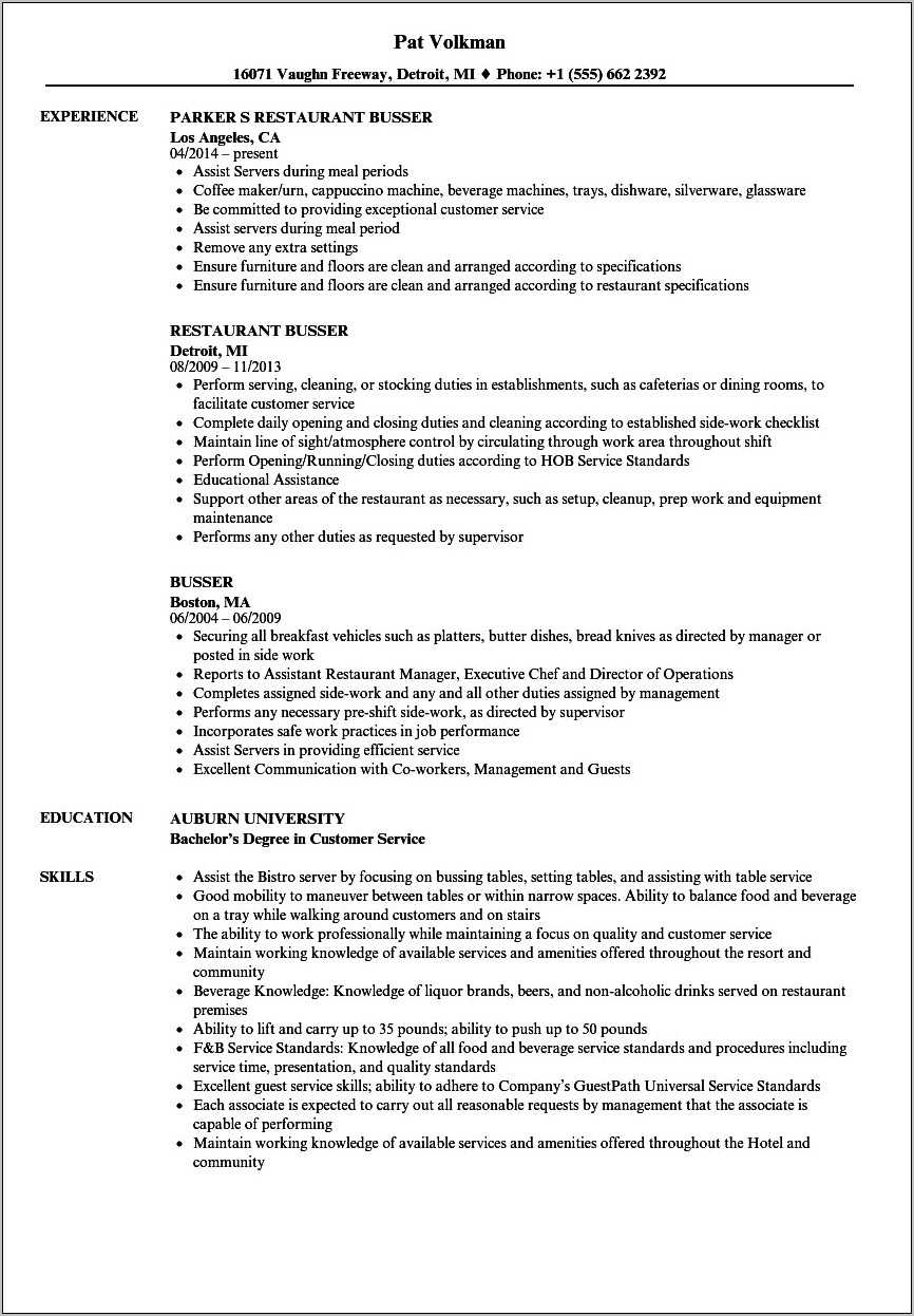 Skills To Put On Resume For Busser - Resume Example Gallery